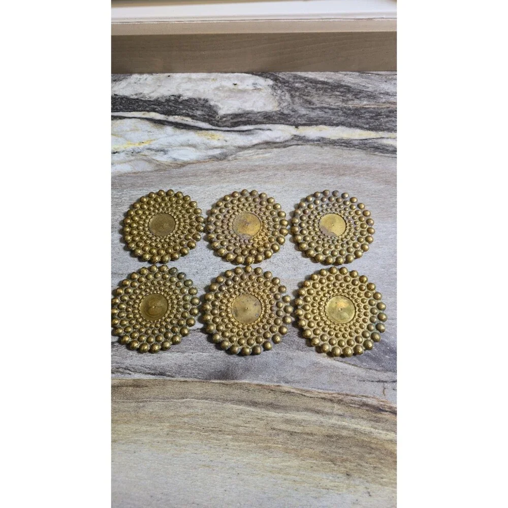 Vintage Solid Brass Hobnail Bubble Coasters Set of 6 Heavy MCM Hollywood Regency